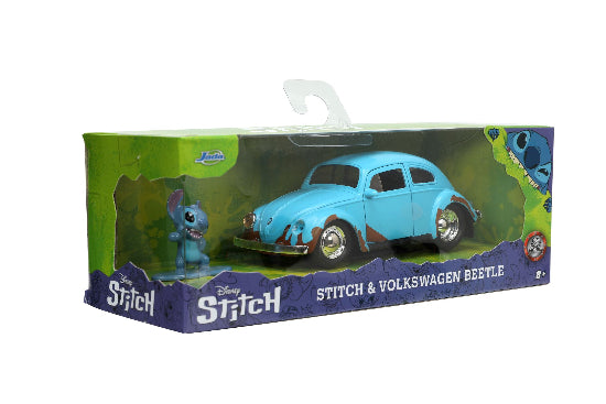 JADA Diecast 1:32 Blue Volkswagon Beetle With Stitch Figure New