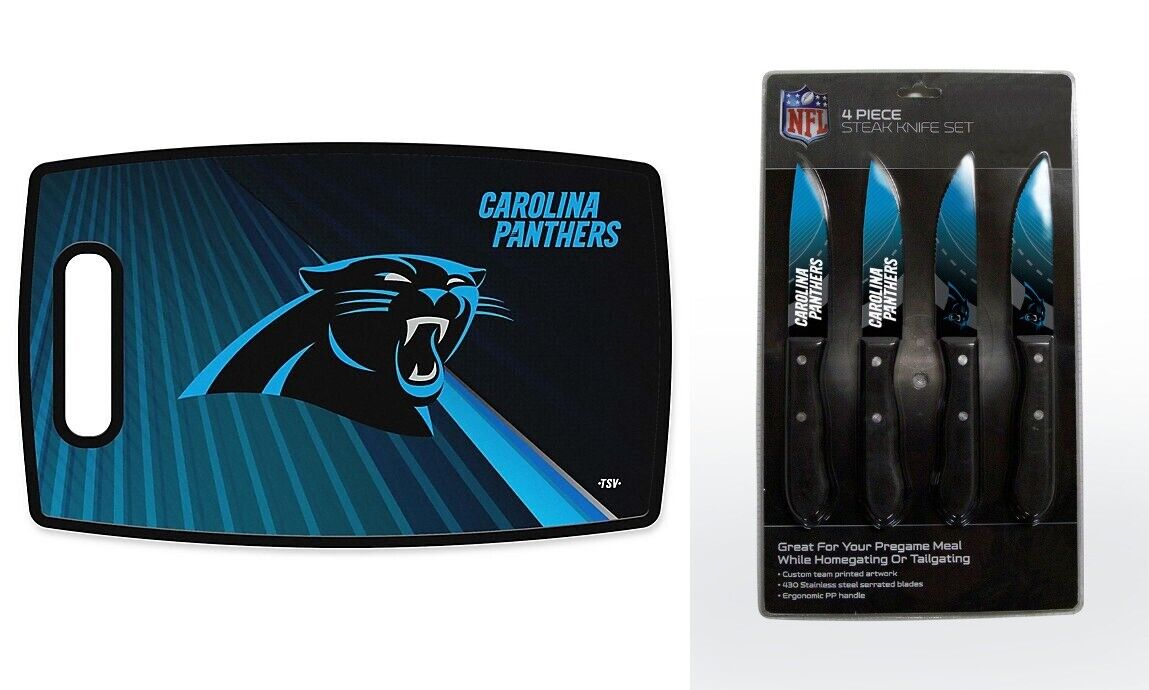 NFL Football Carolina Panthers Cutting Board & 4 Piece Steak Knives Set New