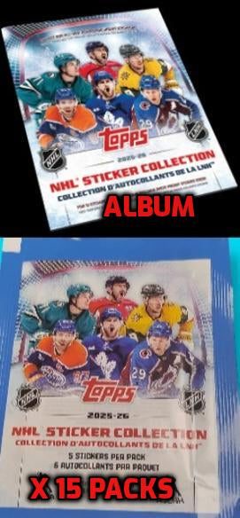 2026 Topps NHL Hockey Sticker Collection Album PLUS 15 Packs Factory Sealed